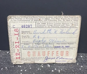 Vintage Minnesota Chauffeurs License Card Issued 1956 Burdette Hoiland - Picture 1 of 2