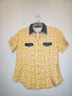 Vtg The Relay Co Women's L Shirt Button Front Yellow Floral Denim Collar Cotton 