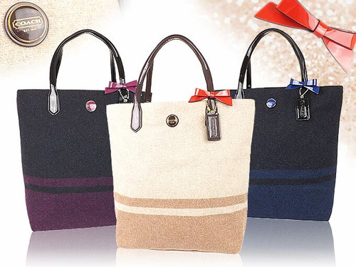 Nuovo con etichette! COACH 24655 Borsa Firmata in Lana a Strisce Nord Sud Passione Bacca