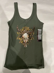 Small (3-5) Junior Womens Super Soft Fitted Scoop Neck Skull Tank Army Green - Picture 1 of 2