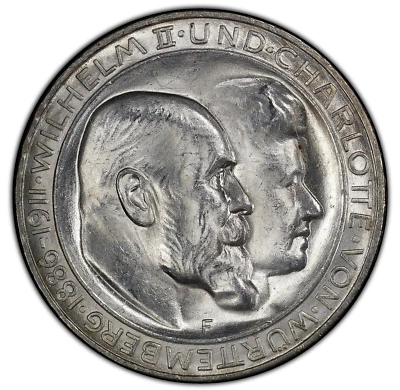1911-F WURTTEMBERG WILHELM II 'WEDDING ANNIVERSARY' 3 MARK KM636 PCGS GEM MS65 - Image 1 of 4