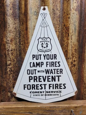 VINTAGE MINNESOTA FOREST SERVICE PORCELAIN SIGN SMOKEY BEAR PARK CAMPFIRE RANGER - Image 1 of 4