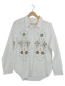 Springfield Damen Hemdbluse Gr. 40 L Weiß Elegant Stickerei Pailletten - Bild 1 von 5