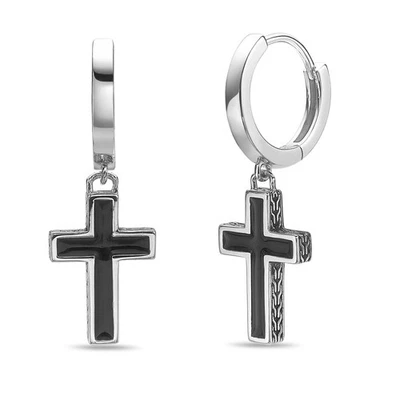 Sterling Silver Dangling Cross Earring With Black Enamel Jewelry Gift For Men - Image 1 of 4