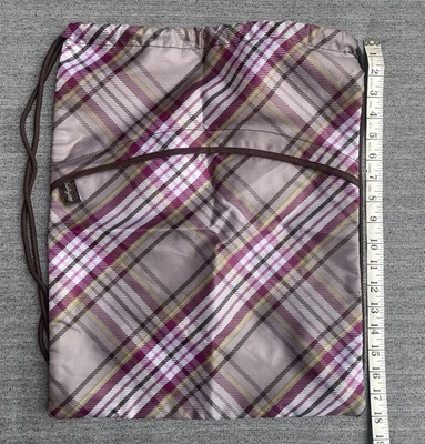 Thirty-One Plaid Nylon Outer Zip Pocket Shoulder Drawstring Bag Cinch Sac 14x18 - Image 1 of 4