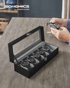 Watch Box with 6 Slots Watch Case Glass Lid Display Removable Pillows Gift Black - Picture 1 of 6