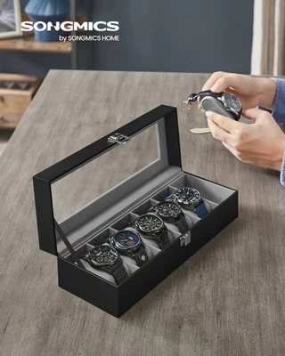 Watch Box with 6 Slots Watch Case Glass Lid Display Removable Pillows Gift Black - Image 1 of 4