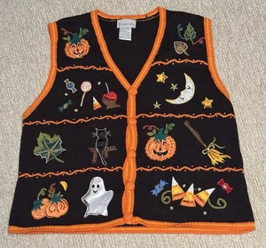 Vintage Halloween Vest XL Basic Editions Ghost Pumpkin Candy Moon Broom Cat - Picture 1 of 7