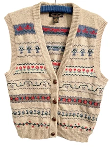 VTG Eddie Bauer Sweater Vest Womens L Tan Fair Isle Flowers Striped Wool 90s - Picture 1 of 9