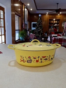 1950's Markley Yellow Design Descoware Belgium Cast Iron Enamel Roasting Pot - Picture 1 of 16