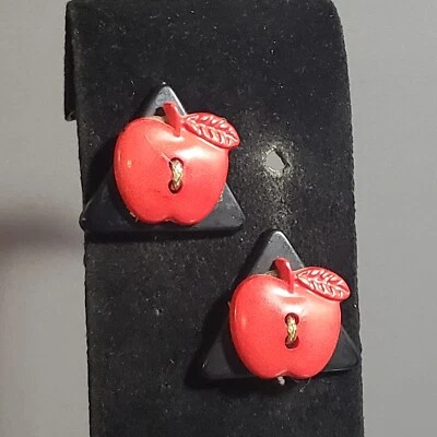Pendientes Botón Manzana Rojo Negro Escuela Mediados de Siglo Retro Modernista Boho 1.25" Foto 1 de 4