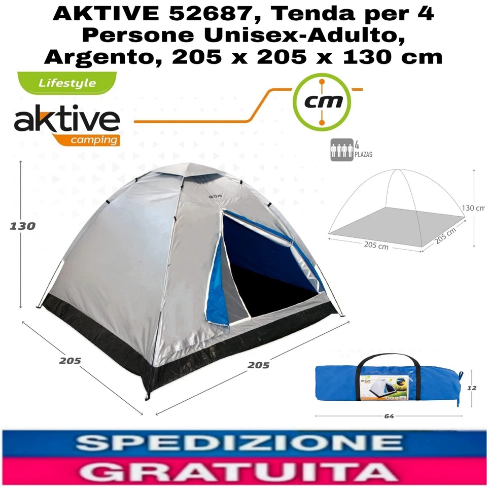 tenda Da Campeggio x 4 Persone Unisex-Adulto,Argento, 205X205x130Cm, 4 Stagioni  - Immagine 1 di 4