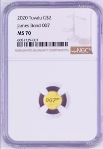 2020 James Bond 007 $2 0.5g .9999 Gold COIN NGC MS70 Brown Label - Picture 1 of 4