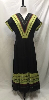 Vestido de pátio preto vintage década de 1950 saia circular dança quadrada vestido de algodão squaw - Imagem 1 de 4
