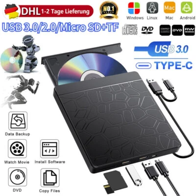 Laptop Desktop PC Windows 11/10 Linux Mac Externes CD/DVD-Laufwerk Brenner SD+TF - Bild 1 von 4