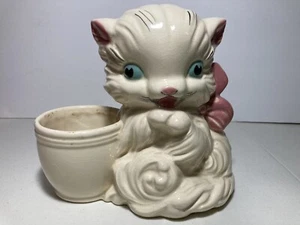 Vintage Kitty w/ Pink Bow & Bowl White Porcelain Planter Mid Century Modern - Picture 1 of 6