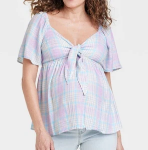 Ingrid & Isabel Woven Tie-Front Smocked Maternity Top Plaid - Size Large - Picture 1 of 12