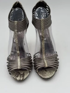 Size 9 Vince Camuto Snakeskin Sarea Silver Strappy Zip Sandals Heels - Picture 1 of 9