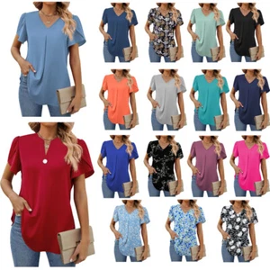 Women's Summer Tops Short Sleeve Dressy Chiffon Blouses V Neck Work Tunic Tops - Picture 1 of 203