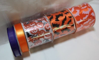 Halloween ribbon 2.5" x 12" & 5/8" x 21'. Bats wired edge mixed lot 5 new rolls - Image 1 of 4