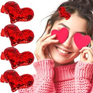 Red Heart Hair Clip Valentines Love Glitter Sequin Heart Shape Hair Barrettes... - Picture 1 of 7