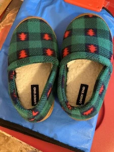 Lands End Kinder Weihnachten Fleece Slipper Hausschuhe Größe 3 Baum Karo - Bild 1 von 3