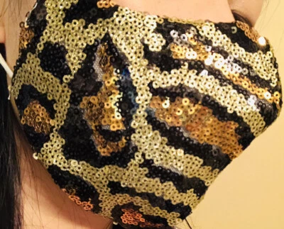 NEW Reusable Adult Gold Black Sequin Leopard Print Face Mask - Image 1 of 3