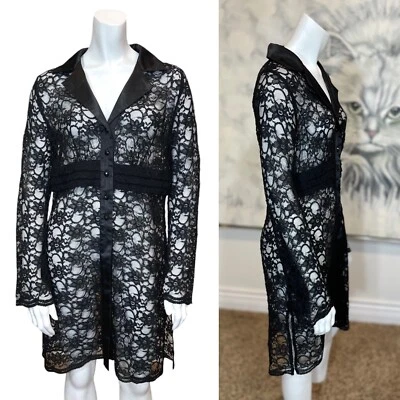 VESTIDO CAMISERO DE ENCAJE NEGRO VINTAGE AÑOS 90 S Blazer Sexy Ropa de club nocturno Cuello Botón Delantero Foto 1 de 4