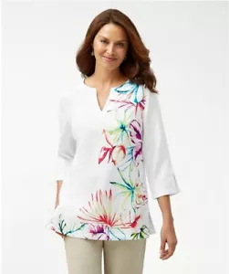 NEW Tommy Bahama SMALL Flora Dei Marmi 3/4-Sleeve Linen Tunic Top White Floral - Picture 1 of 4