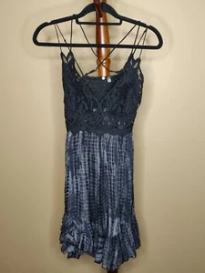 Free people One  womens dress black & gray criss/cross straps ruffle embroidered - Picture 1 of 9