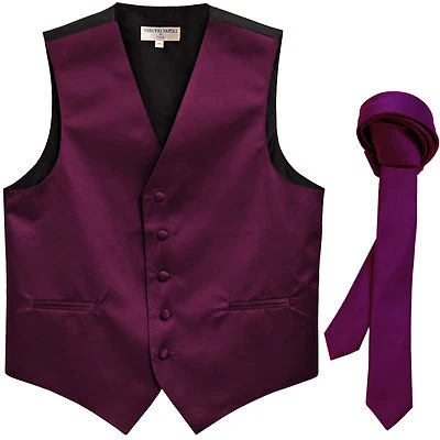 New Men's Formal Tuxedo Vest Waistcoat_1.5" skinny Necktie eggplant wedding - Image 1 of 4