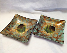 Pier 1 Sage & Bronze Reverse Painted Glass Leaf Candle Plates (Set of 2)