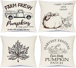 Fall Throw Pillow Covers Set of 4 Pumpkin Patch Truck Maple Leaves 18 x 18 - Picture 1 of 6