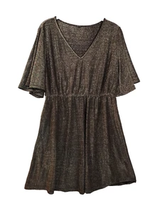 Womens Size M Gold Metallic Shimmer V Neck Short Flutter Sleeve Skater Dress - Picture 1 of 4