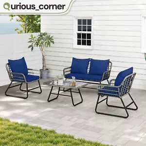 4 PCS Outdoor Patio Lounge Set Rattan Conversation Set Loveseat Chair & Table - Picture 1 of 11