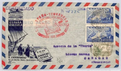 SPAIN Air Mail Cover FIRST DIRECT FLIGHT Madrid VENEZUELA Caracas 1949 ZD159 - Image 1 of 4