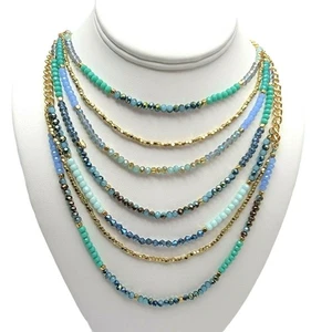 Multi Strand Necklace Layered Iridescent Seed Beads Aqua Blues Gold Tone Chain - Picture 1 of 12