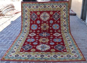 Red Geometric Afghan Kazak Area Rug 7x10 Hand Knotted Tribal Turkish Wool Carpet - Picture 1 of 12