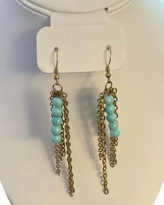 Boho Brass Dangle Earrings – 3.5” Faux Turquoise Bead & Multi-Chain Tassel Gypsy - Image 1 of 2
