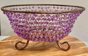 Vintage Beaded Wire Basket Bowl Decorative Fruit Bowl Metal Stand Art Home Decor - Picture 1 of 7