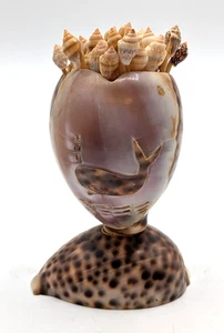 Vtg Tiger Cowrie Carved Shell Toothpick Holder and Toothpicks Whale Graphic - Picture 1 of 8