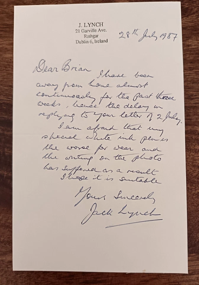 Jack Lynch - Ex Irish Taoiseach President Hand Written Signed Letter AFTAL COA - Image 1 of 1