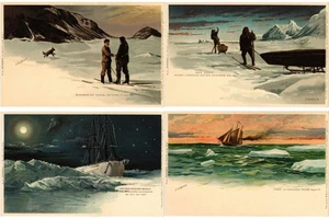 POLAR EXPEDITION 1896 NANSEN ARTIST SIGNED 7 LITHO POSTCARDS IN FOLDER (L7394) - Picture 1 of 4