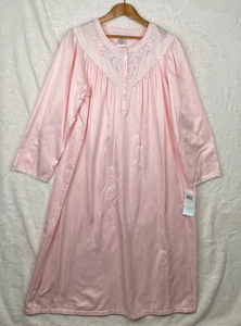 Earth Angels Nightgown Large Pink Brushed Back Satin Embroidered Long Sleeve NWT - Picture 1 of 19