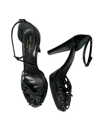 KATE SPADE Sz 6.5 Black Leather Strappy Heels Cage Peep Toe Sandals Shoes 70s - Image 1 of 4