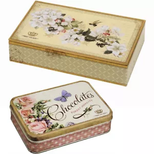 2 CAJA DE LATA DE CHOCOLATES MANZANA CEREZA Y ROSA Retro Vintage Almacenamiento de Recuerdo de Flores - Imagen 1 de 2