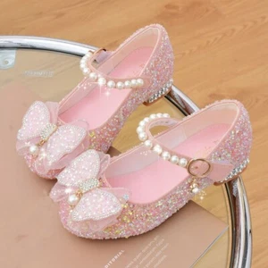 Girls Mary Jane Sparkly Sandal Party Wedding Dress Glitter Bow Princess Shoes - Picture 1 of 16