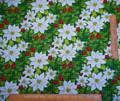 Christmas Fabric 1 1/4 Yard Cream Poinsettia on Green Blk Premium Cotton #32 Vtg - Image 1 of 2