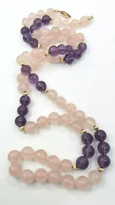 Rosa-Rosenquarz-Amethyst & Goldperlen-Verschluss 14kt Gelbgold 33,1/2"" Halskette - Bild 1 von 7