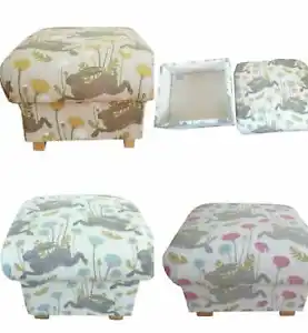 Storage Footstool Clarke March Hares Fabric Pouffe Blue Ochre Pink Rabbits New - Picture 1 of 32